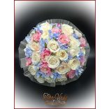 Pink-ekrü-barack-kék 32 szálas örök-csokor 