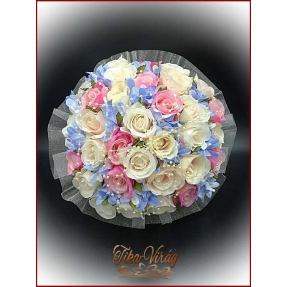 Pink-ekrü-barack-kék 32 szálas örök-csokor 