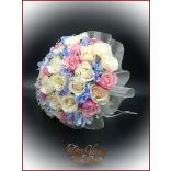 Pink-ekrü-barack-kék 32 szálas örök-csokor 