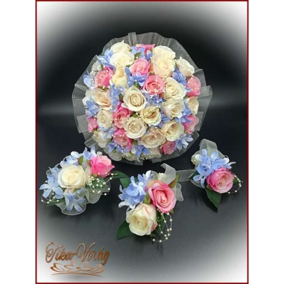 Pink-ekrü-barack-kék 32 szálas örök-csokor 