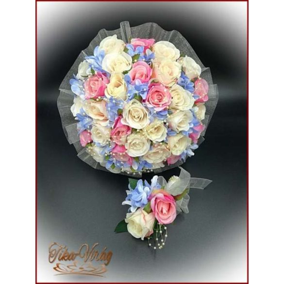 Pink-ekrü-barack-kék 32 szálas örök-csokor+kitűzővel 