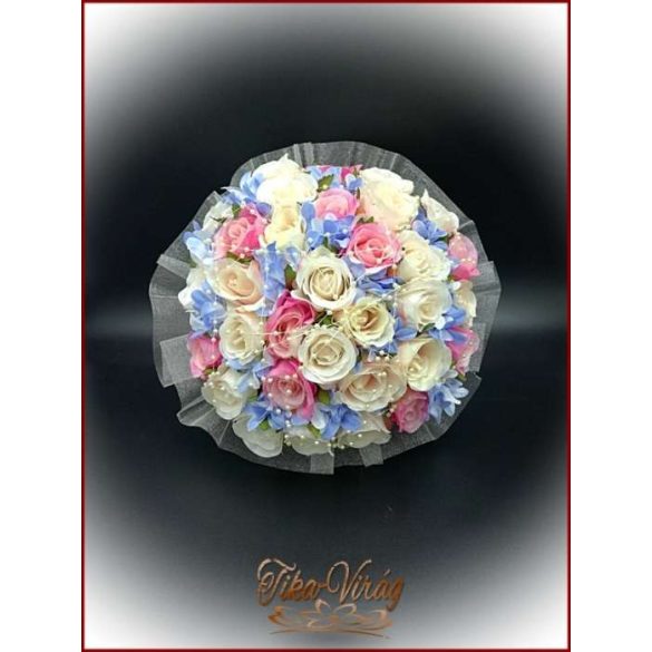 Pink-ekrü-barack-kék 32 szálas örök-csokor+kitűzővel 