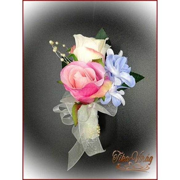 Pink-ekrü-barack-kék 32 szálas örök-csokor+kitűzővel 