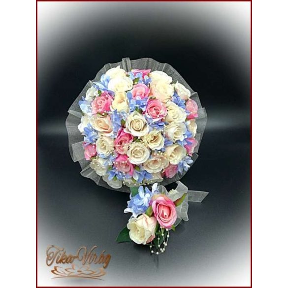 Pink-ekrü-barack-kék 32 szálas örök-csokor+kitűzővel 