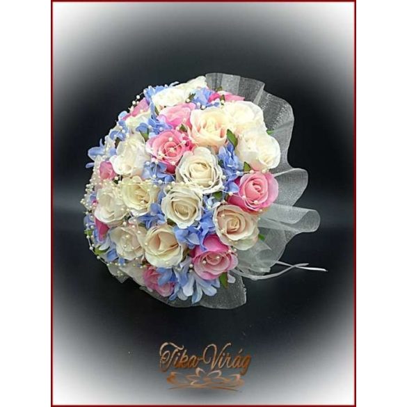 Pink-ekrü-barack-kék 32 szálas örök-csokor+kitűzővel 