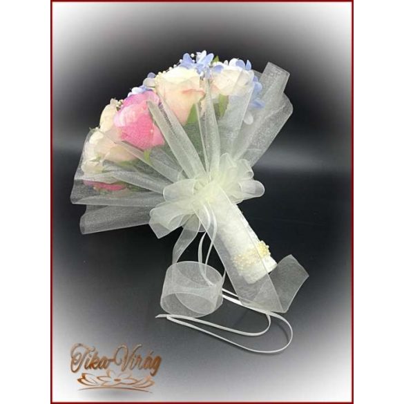 Pink-ekrü-barack-kék 32 szálas örök-csokor+kitűzővel 