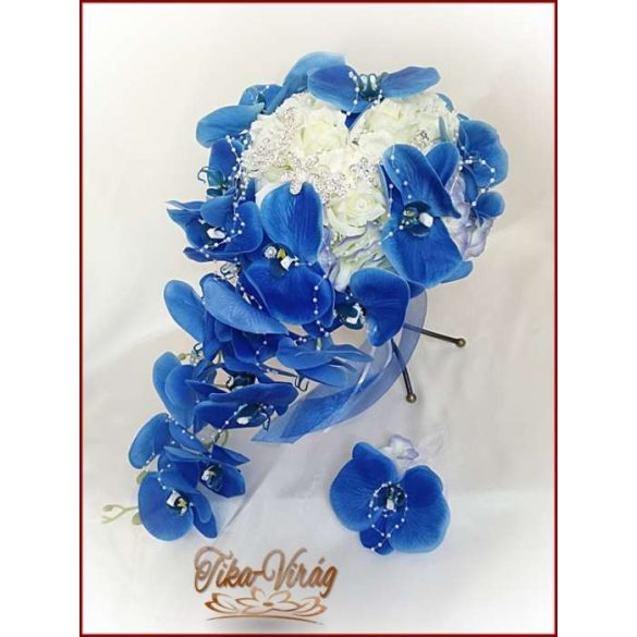 Kék orchideás örök-csepp-csokor+kitűzővel 