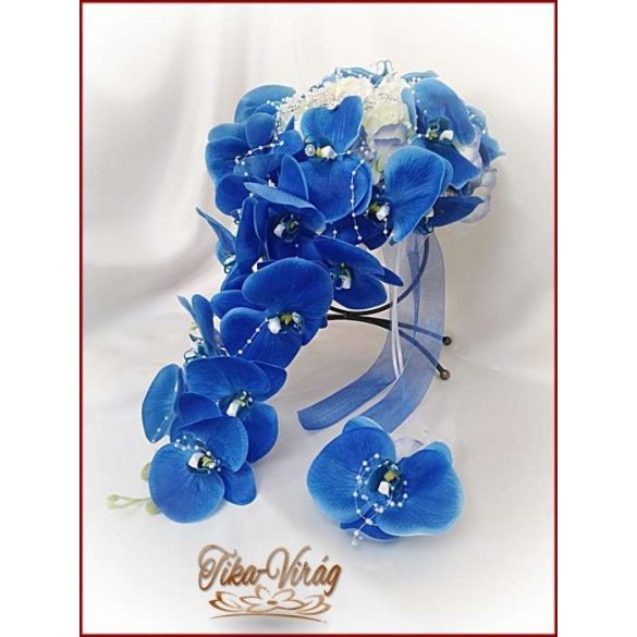 Kék orchideás örök-csepp-csokor+kitűzővel 