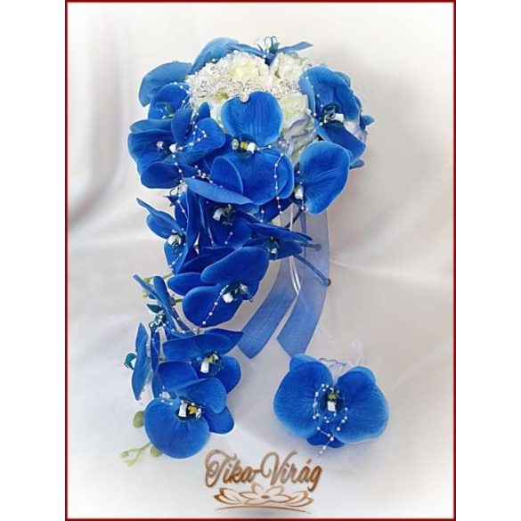 Kék orchideás örök-csepp-csokor+kitűzővel 