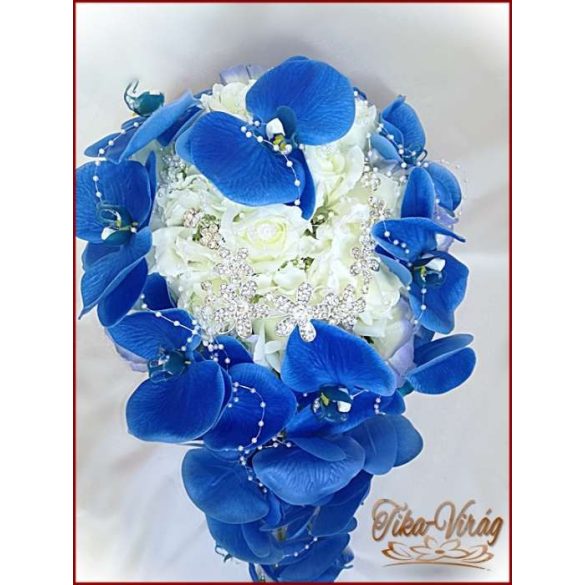 Kék orchideás örök-csepp-csokor+kitűzővel 