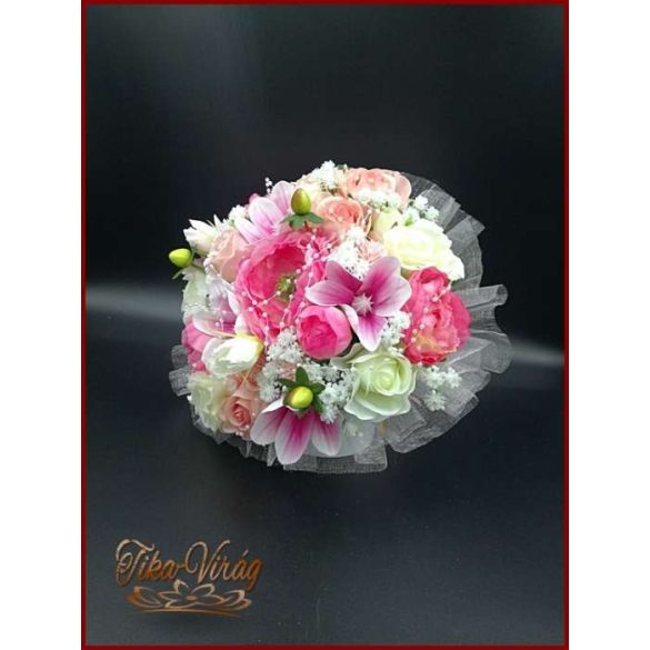 Rózsaszín szellőrózsás-fehér rózsákkal, liziantuszos örök-csokor 