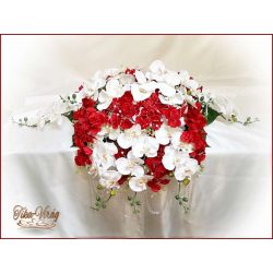 Piros-fehér orchideás örök-főasztaldísz 