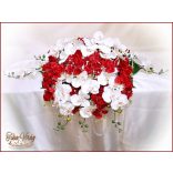 Piros-fehér orchideás örök-főasztaldísz 