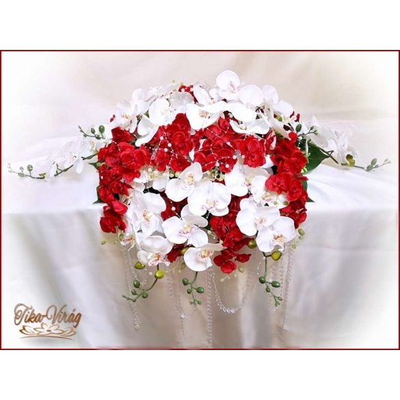 Piros-fehér orchideás örök-főasztaldísz 