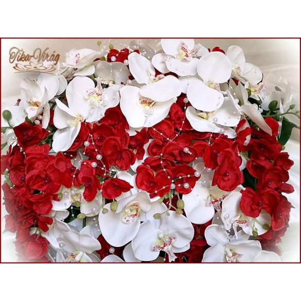 Piros-fehér orchideás örök-főasztaldísz 