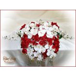 Piros-fehér orchideás örök-főasztaldísz 