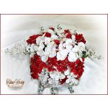 Piros-fehér orchideás örök-főasztaldísz 