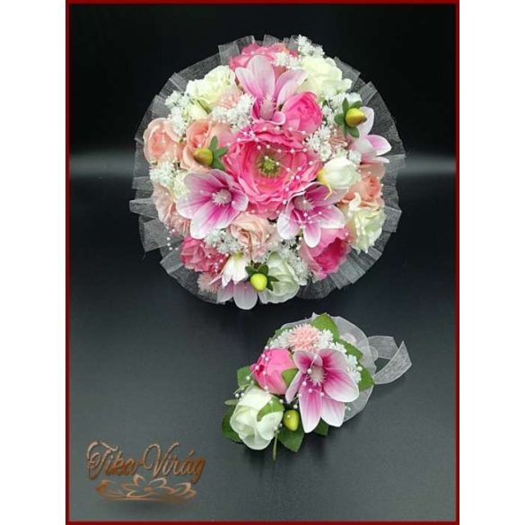 RÓZSASZÍN SZELLŐRÓZSÁS-FEHÉR RÓZSÁKKAL, LIZIANTUSZOS ÖRÖK-CSOKOR+kitűzővel 