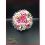 RÓZSASZÍN SZELLŐRÓZSÁS-FEHÉR RÓZSÁKKAL, LIZIANTUSZOS ÖRÖK-CSOKOR+kitűzővel 