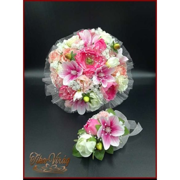 RÓZSASZÍN SZELLŐRÓZSÁS-FEHÉR RÓZSÁKKAL, LIZIANTUSZOS ÖRÖK-CSOKOR+kitűzővel 