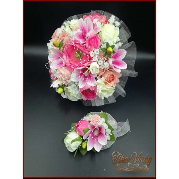 RÓZSASZÍN SZELLŐRÓZSÁS-FEHÉR RÓZSÁKKAL, LIZIANTUSZOS ÖRÖK-CSOKOR+kitűzővel 