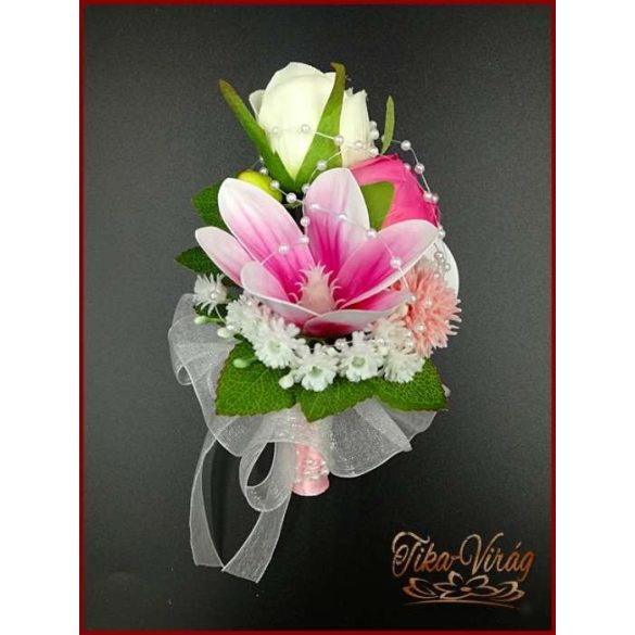 RÓZSASZÍN SZELLŐRÓZSÁS-FEHÉR RÓZSÁKKAL, LIZIANTUSZOS ÖRÖK-CSOKOR+kitűzővel 