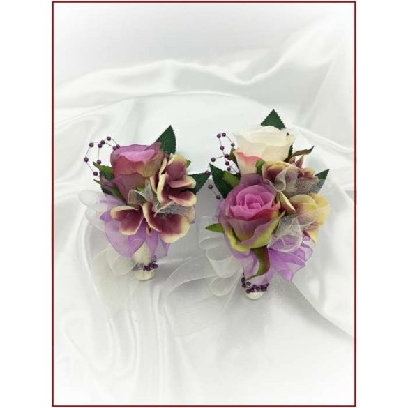 Lila-pasztell kitűző, bokréta 2 virágos 