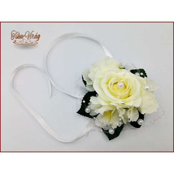 Ekrü-rózsás fehér gyöngy-díszítésű csuklódísz 