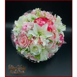 Rózsaszín rózsás-fehér liliomos örök csokor 