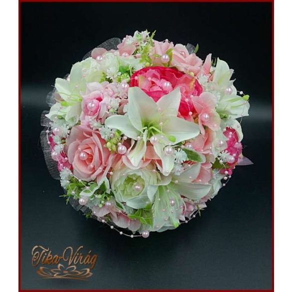 Rózsaszín rózsás-fehér liliomos örök csokor 