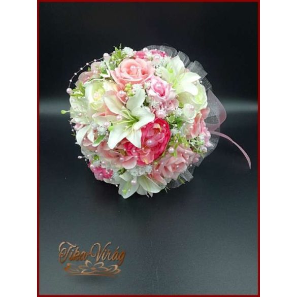 Rózsaszín rózsás-fehér liliomos örök csokor 