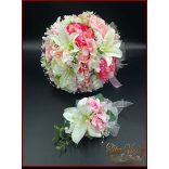 RÓZSASZÍN RÓZSÁS-FEHÉR LILIOMOS ÖRÖK CSOKOR+kitűző 