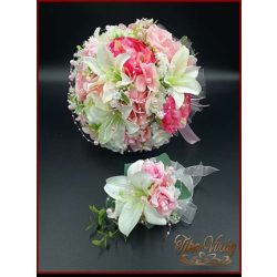 RÓZSASZÍN RÓZSÁS-FEHÉR LILIOMOS ÖRÖK CSOKOR+kitűző 