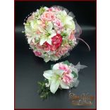 RÓZSASZÍN RÓZSÁS-FEHÉR LILIOMOS ÖRÖK CSOKOR+kitűző 