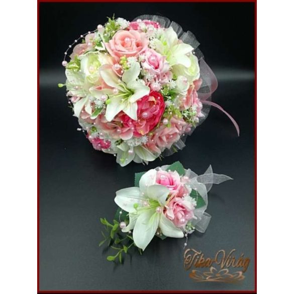 RÓZSASZÍN RÓZSÁS-FEHÉR LILIOMOS ÖRÖK CSOKOR+kitűző 