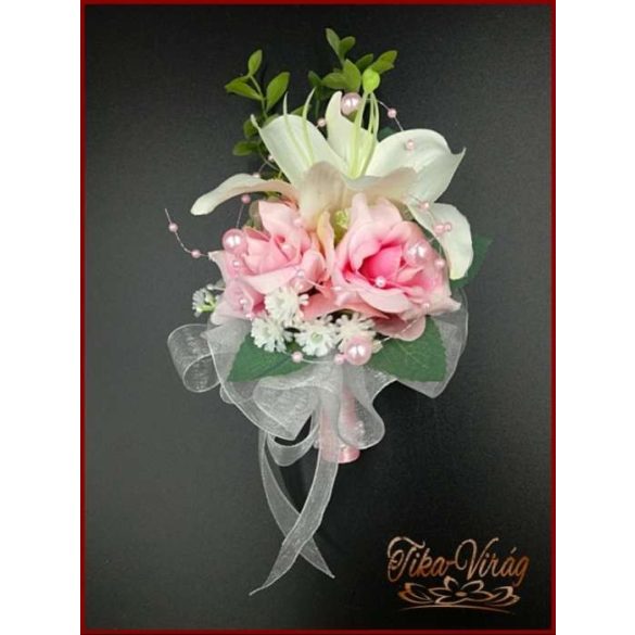 RÓZSASZÍN RÓZSÁS-FEHÉR LILIOMOS kitűző, bokréta 