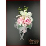 RÓZSASZÍN RÓZSÁS-FEHÉR LILIOMOS kitűző, bokréta 