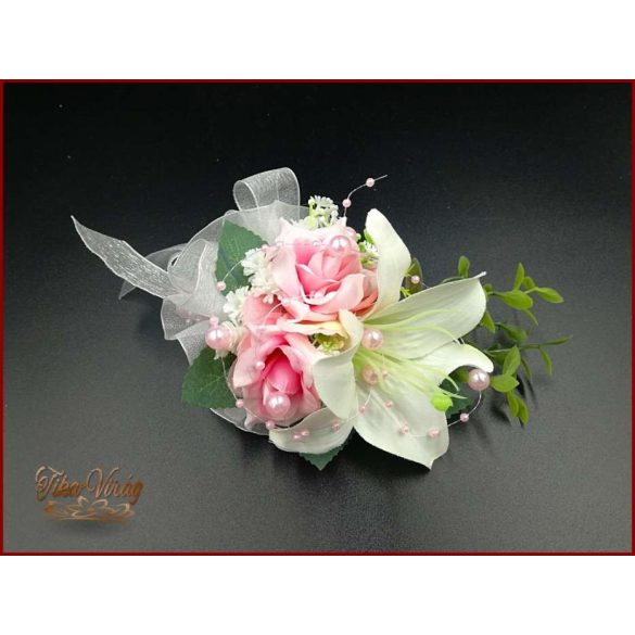 RÓZSASZÍN RÓZSÁS-FEHÉR LILIOMOS kitűző, bokréta 