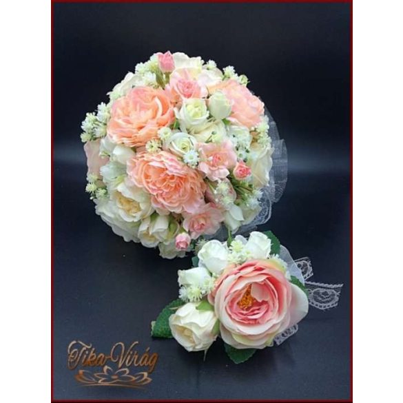 Barack-ekrü menyasszonyi-örök-csokor+kitűző 