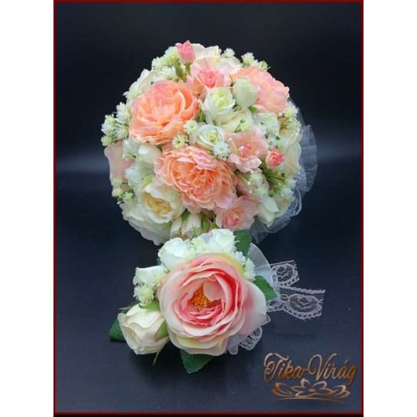 Barack-ekrü menyasszonyi-örök-csokor+kitűző 