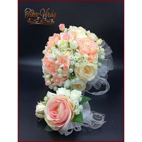 Barack-ekrü menyasszonyi-örök-csokor+kitűző 