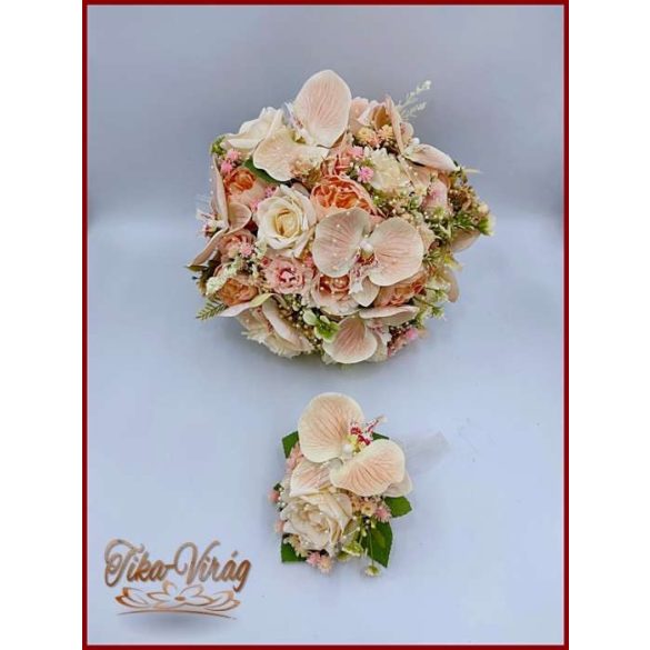 Barack-krém orchideás-rózsa örök-csokor+ kitűzővel 