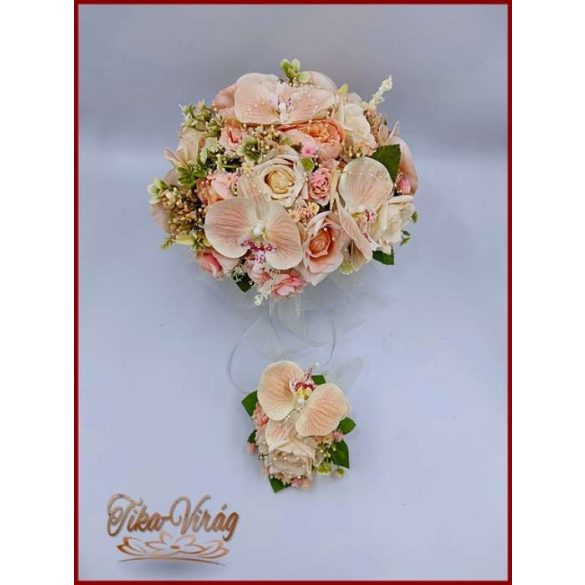 Barack-krém orchideás-rózsa örök-csokor+ kitűzővel 