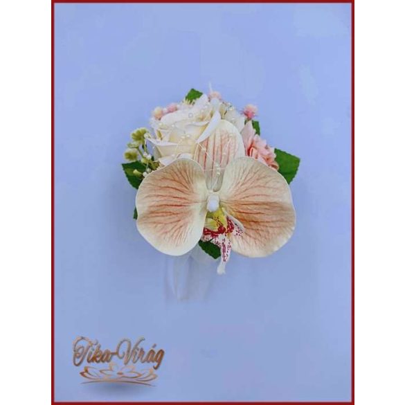 Barack-krém orchideás-rózsa kitűző, bokréta 