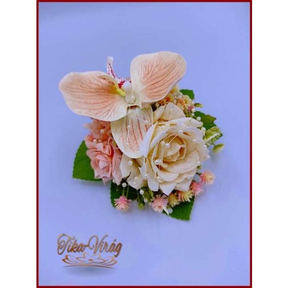 Barack-krém orchideás-rózsa kitűző, bokréta 