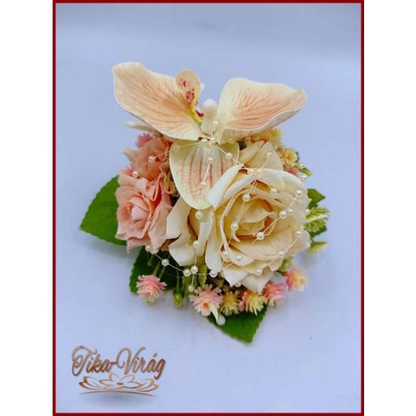 Barack-krém orchideás-rózsa kitűző, bokréta 