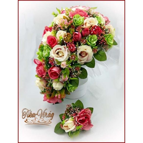 Antik-rózsaszínű-rózsákból álló örök-csokor + kitűzővel 