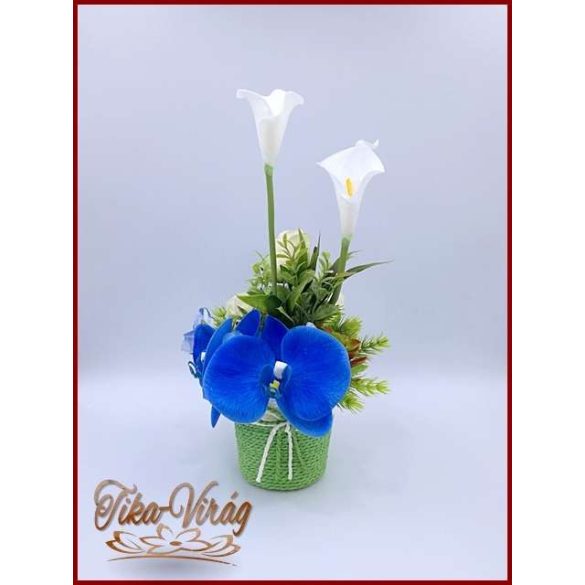 KÉK-ORCHIDEÁS-FEHÉR KÁLÁS-Ekrü RÓZSÁS IKEBANA 