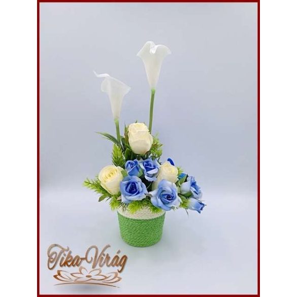 KÉK-ORCHIDEÁS-FEHÉR KÁLÁS-Ekrü RÓZSÁS IKEBANA 