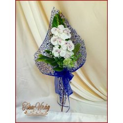   Fehér orchideás-királykék díszítésű Szülő-köszöntő Örök-csokor 